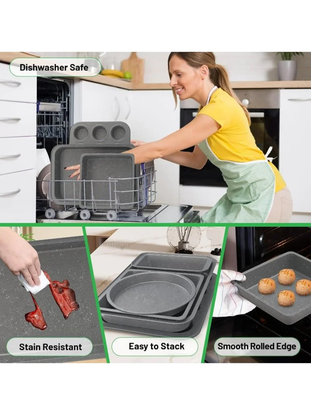 5-Piece Gray Baking Sheet Set Including Round/Square Cake Pan Baking Pans Set